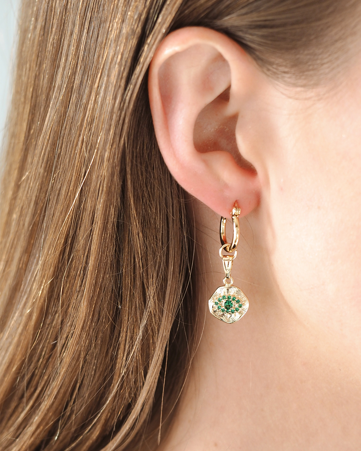 Emerald Evil Eye Pendant Hoops